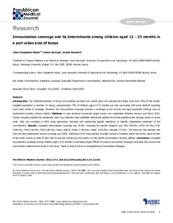 (PDF) Immunization coverage and its determinants among children aged 12 ...