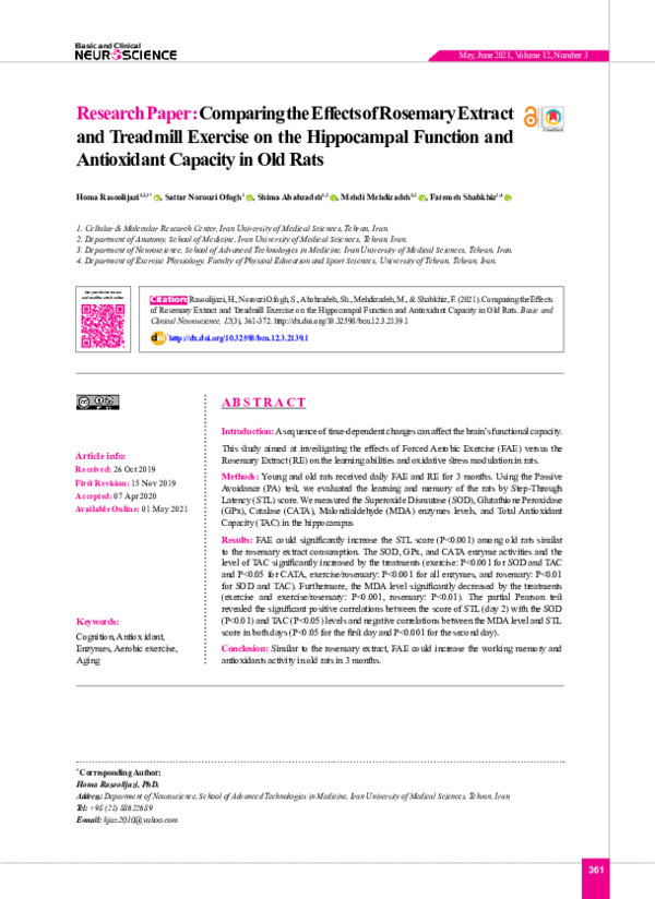 (PDF) Comparing the Effects of Rosemary Extract and Treadmill Exercise ...