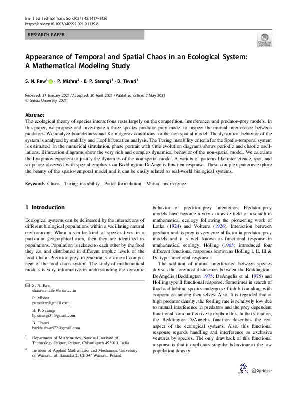 (PDF) Appearance of Temporal and Spatial Chaos in an Ecological System ...