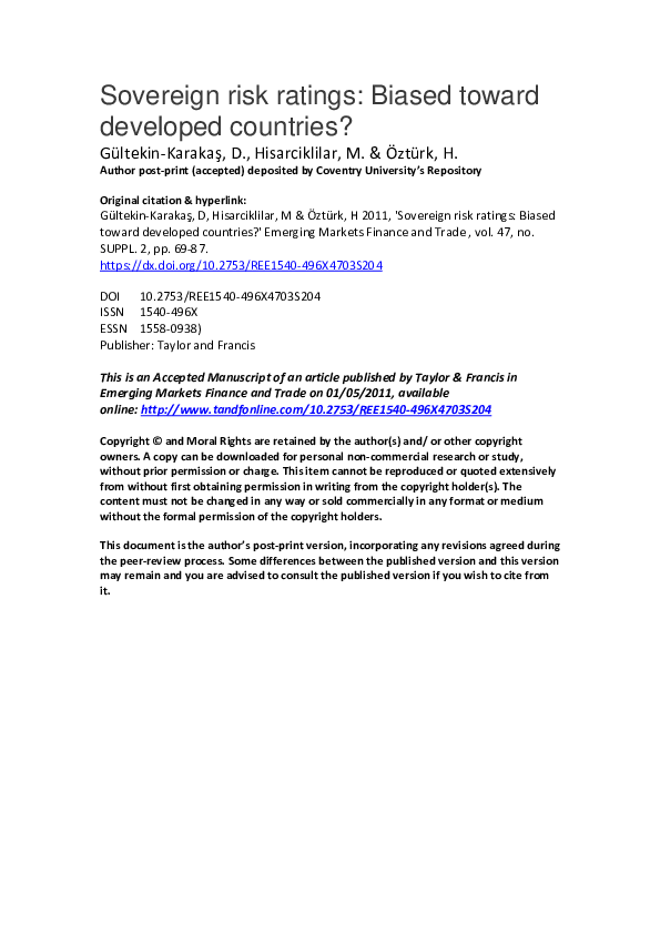 (PDF) Sovereign Risk Ratings: Biased Toward Developed Countries?
