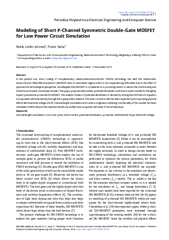 (PDF) Modeling of Short P-Channel Symmetric Double-Gate MOSFET for Low ...