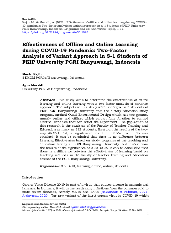 (PDF) Effectiveness of offline and online learning during COVID-19 pandemic