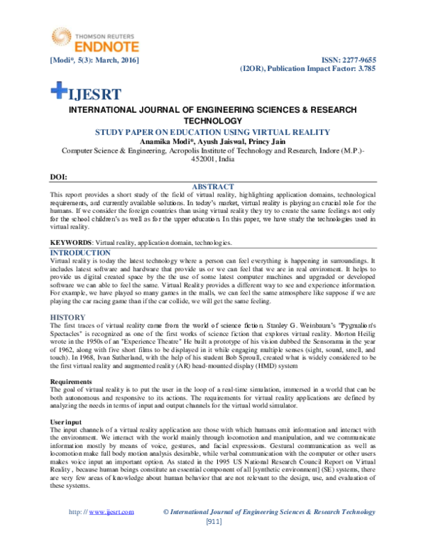(PDF) Study Paper On Education Using Virtual Reality anamika modi