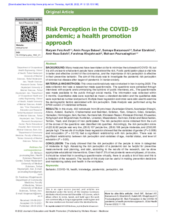 (PDF) Risk Perception in the COVID-19 pandemic; a health promotion approach