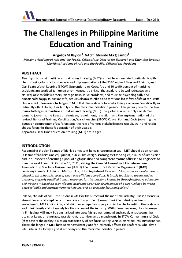 (PDF) The Challenges in Philippine Maritime Education and Training