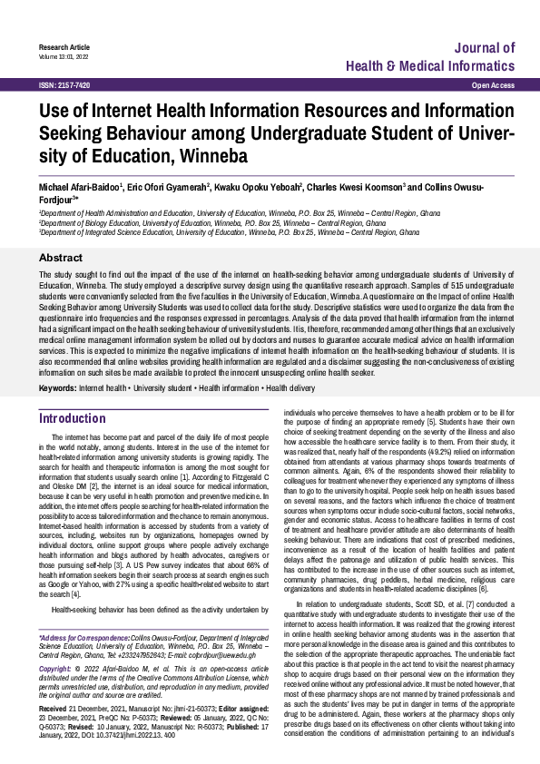 (PDF) USE OF INTERNET HEALTH SEEKING BEHAVIOUR AMONG UNDERGRADUATE ...