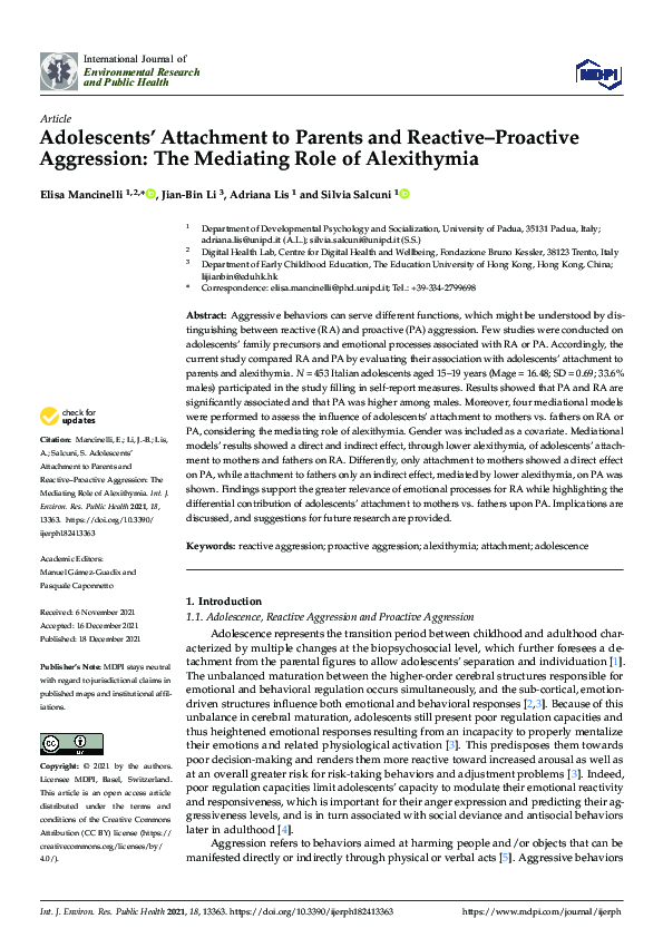 (PDF) Adolescents’ Attachment to Parents and Reactive–Proactive ...