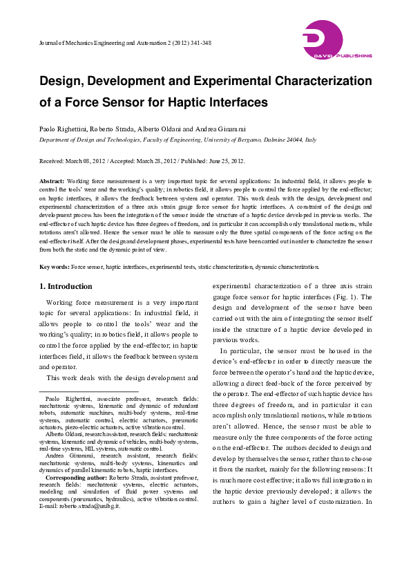 (PDF) Design, Development and Experimental Characterization of a Force ...