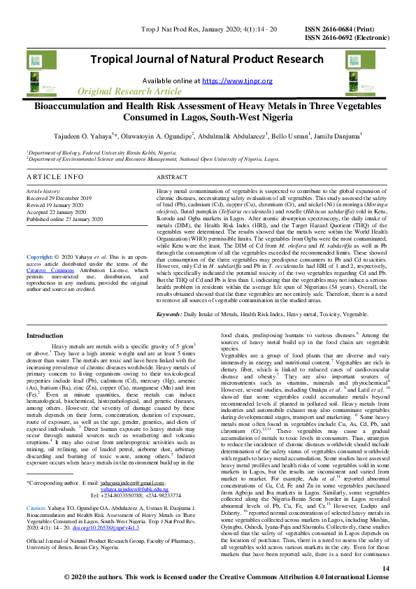 (PDF) Bioaccumulation and Health Risk Assessment of Heavy Metals in ...