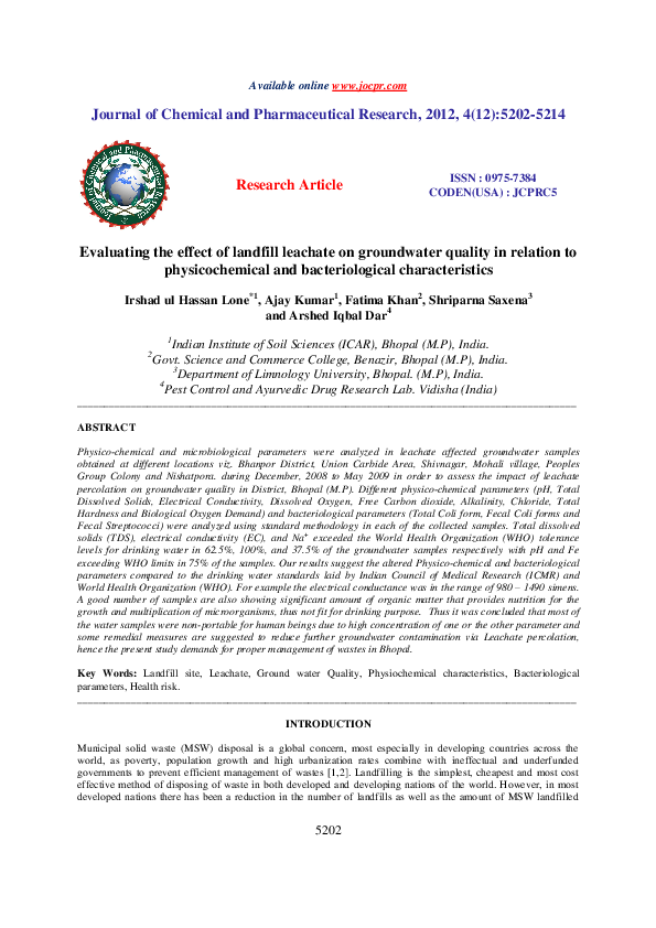 (PDF) Evaluating the effect of landfill leachate on groundwater quality ...
