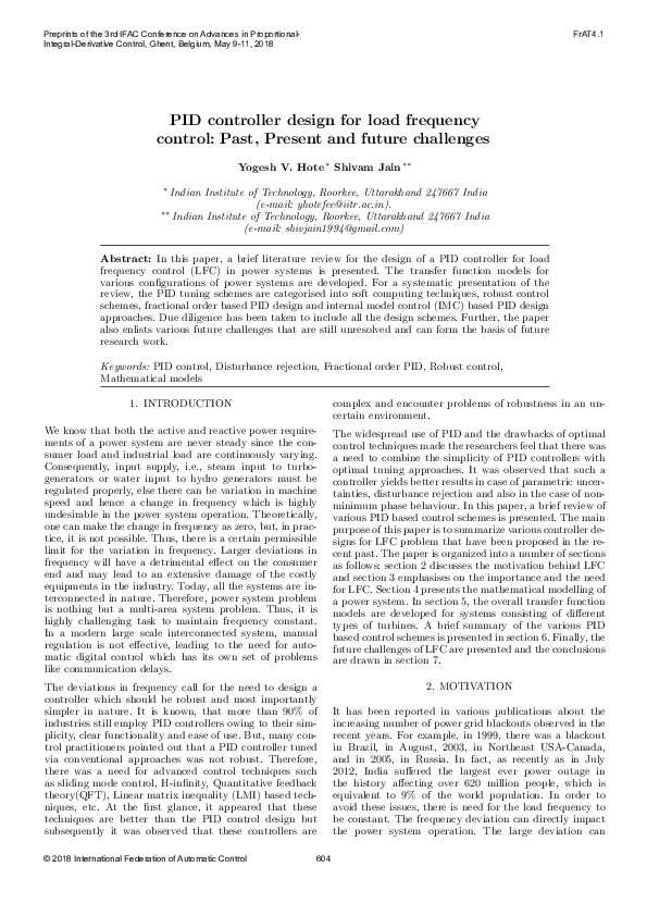 (PDF) PID controller design for load frequency control: Past, Present ...