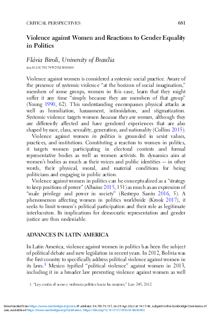 (PDF) Violence against Women and Reactions to Gender Equality in Politics