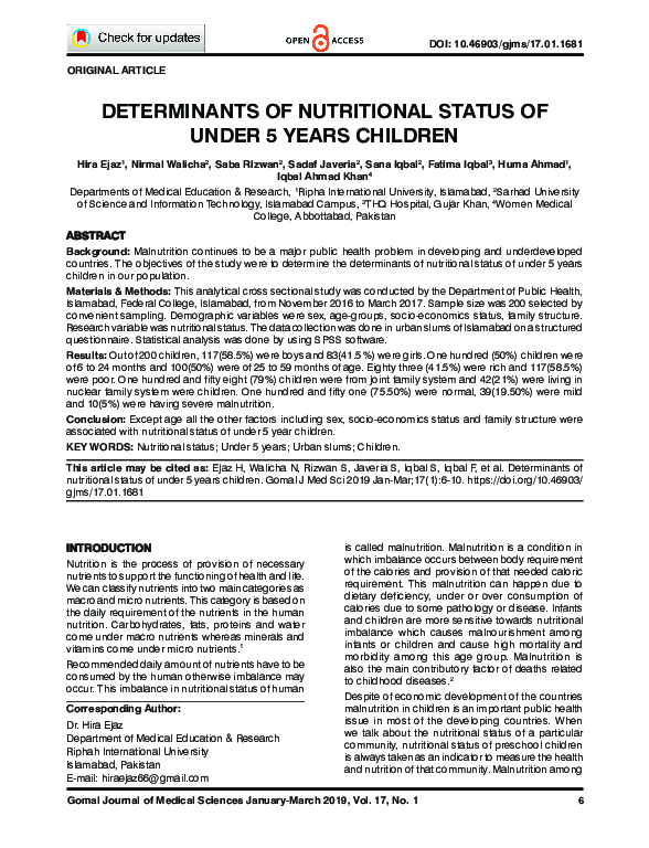 (PDF) Determinants of Nutritional Status of Under 5 Years Children