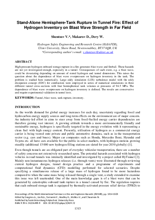 (PDF) Stand-Alone Hemisphere-Tank Rupture in Tunnel Fire: Effect of ...