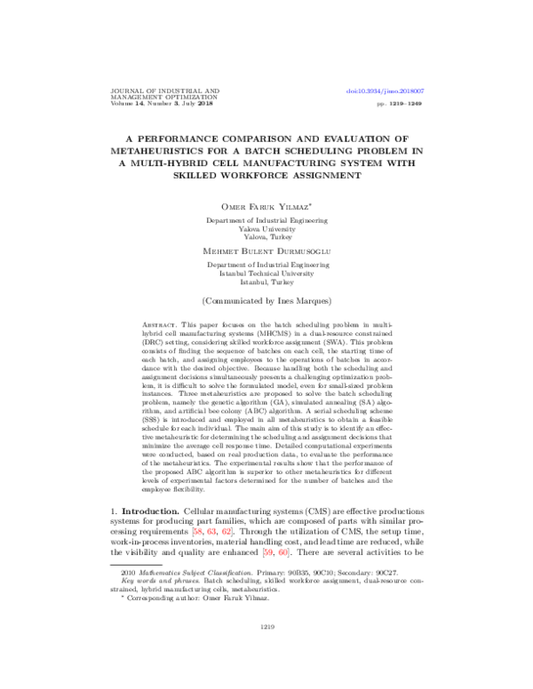 (PDF) A performance comparison and evaluation of metaheuristics for a ...