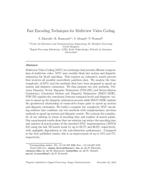 (PDF) Fast encoding techniques for Multiview Video Coding