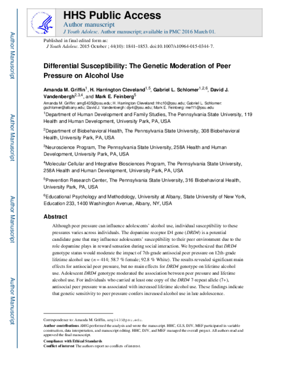 (PDF) Differential Susceptibility: The Genetic Moderation of Peer ...