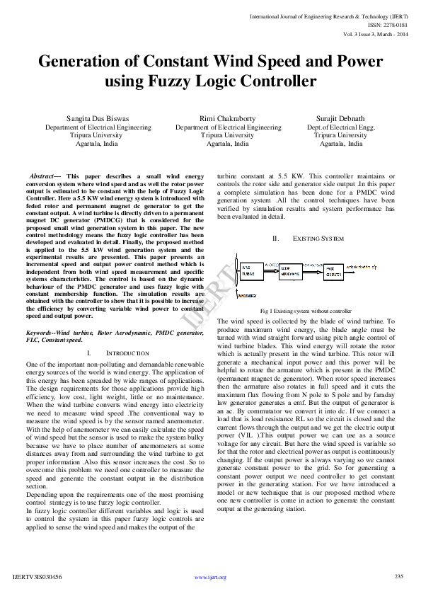 (PDF) Generation of Constant Wind Speed and Power using Fuzzy Logic ...