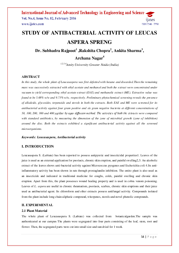 (PDF) Study of Antibacterial Activity of Leucas Aspera Spreng