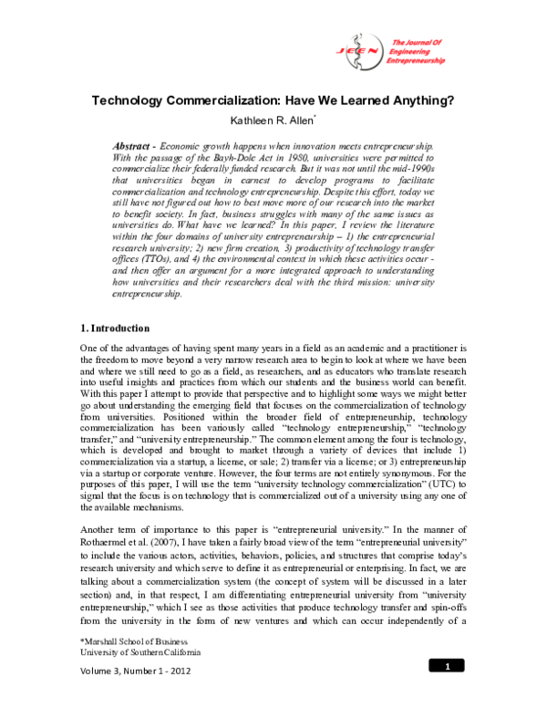 (PDF) Technology Commercialization: Have We Learned Anything?