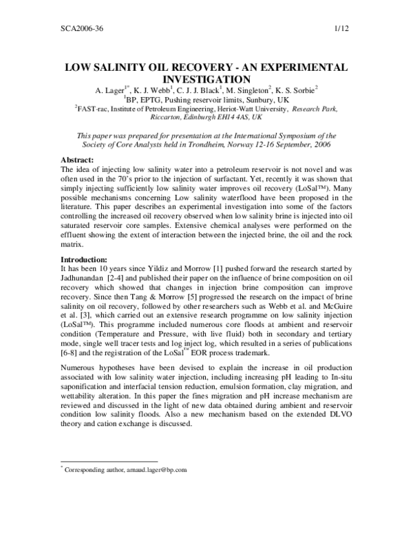 (PDF) Low Salinity Oil Recovery - An Experimental Investigation1