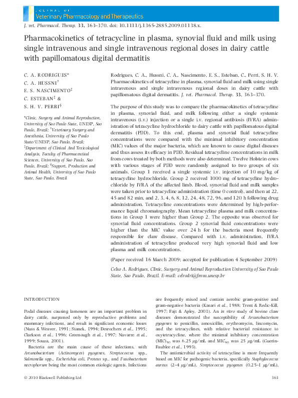 (PDF) Pharmacokinetics of tetracycline in plasma, synovial fluid and ...