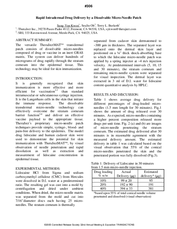 (PDF) Rapid Intradermal Drug Delivery by a Dissolvable MicroNeedle Patch