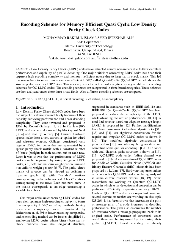(PDF) Encoding Schemes for Memory Efficient Quasi Cyclic Low Density ...