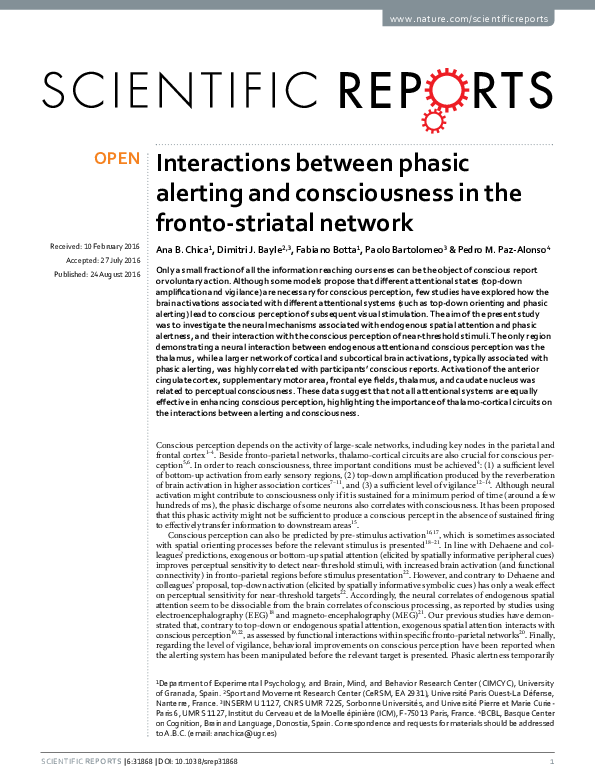 (PDF) Interactions between phasic alerting and consciousness in the ...