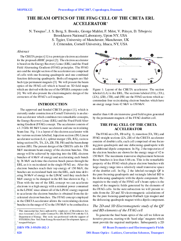 (PDF) The Beam Optics of the FFAG Cell of the CBETA ERL Accelerator