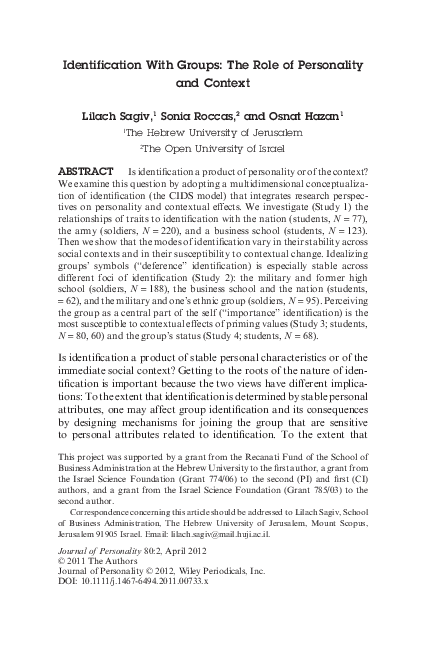 (PDF) Identification With Groups: The Role of Personality and Context