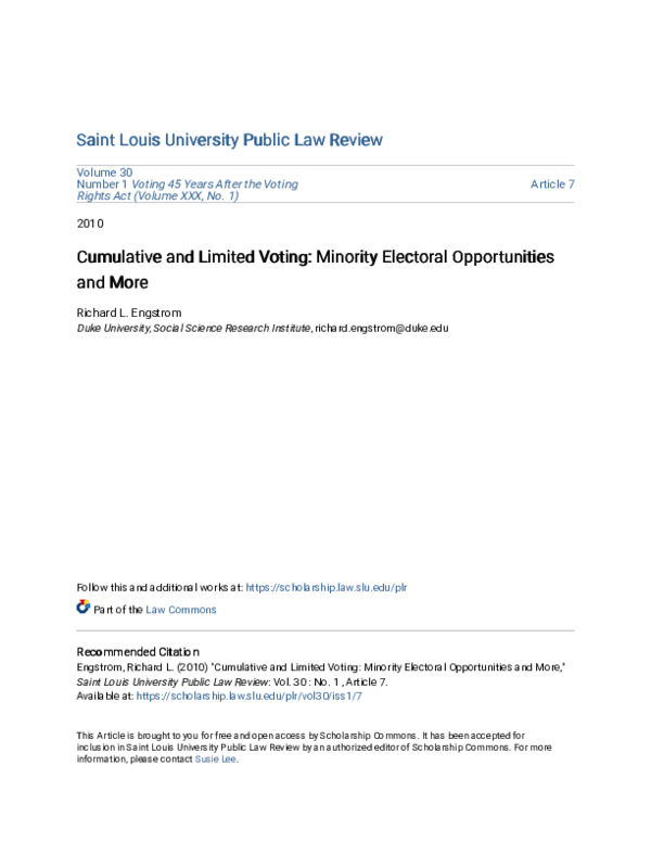 (PDF) Cumulative and Limited Voting: Minority Electoral Opportunities ...