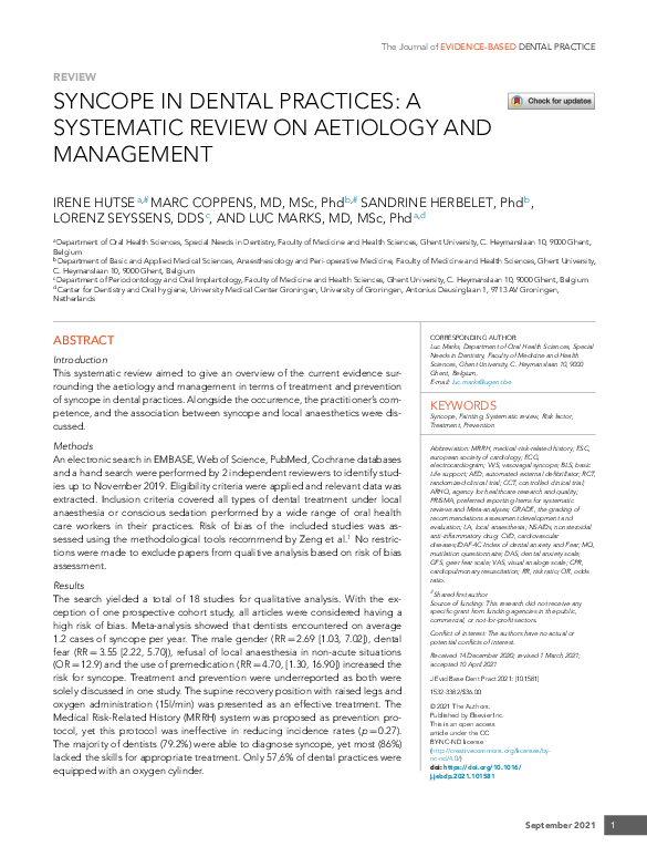 (PDF) Syncope in Dental Practices: A Systematic Review on Aetiology and ...
