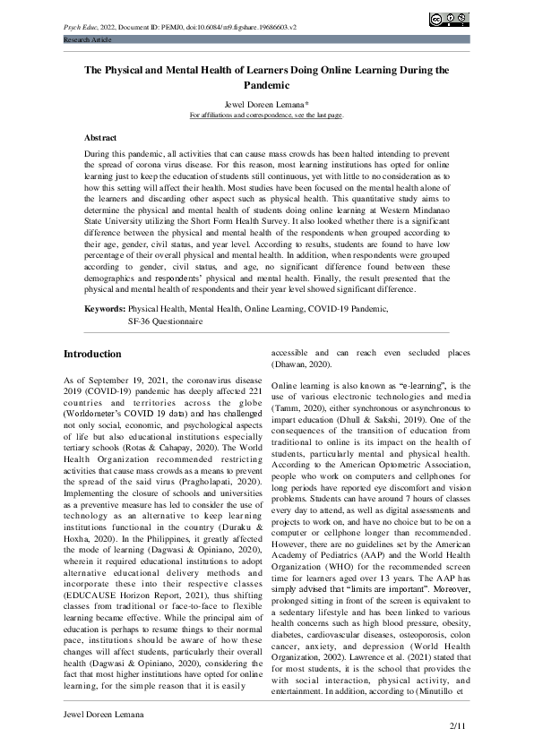 (PDF) The Physical and Mental Health of Learners Doing Online Learning ...