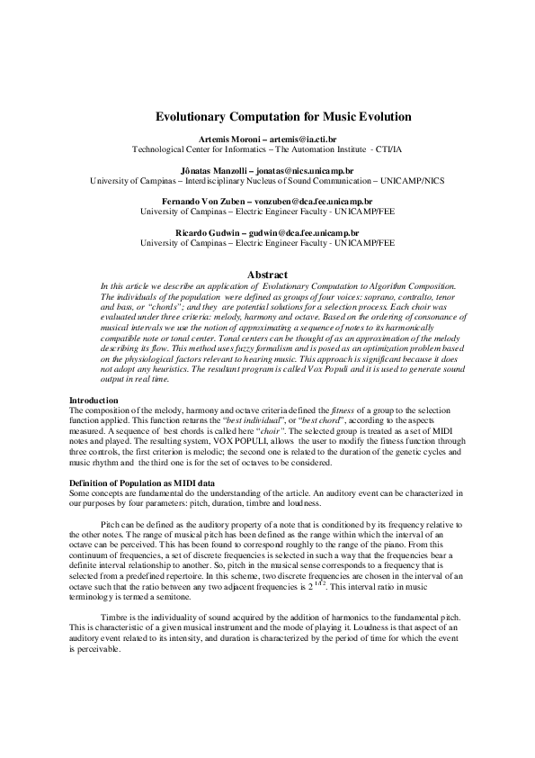 (PDF) Evolutionary Computation for Music Evolution
