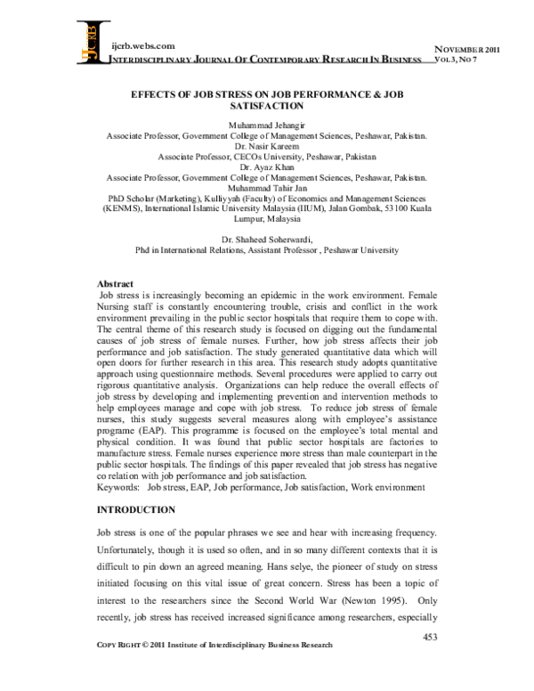 (PDF) Effects of job stress on job performance and job satisfaction