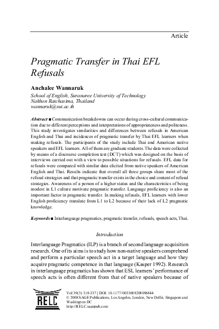 (PDF) Pragmatic Transfer in Thai EFL Refusals