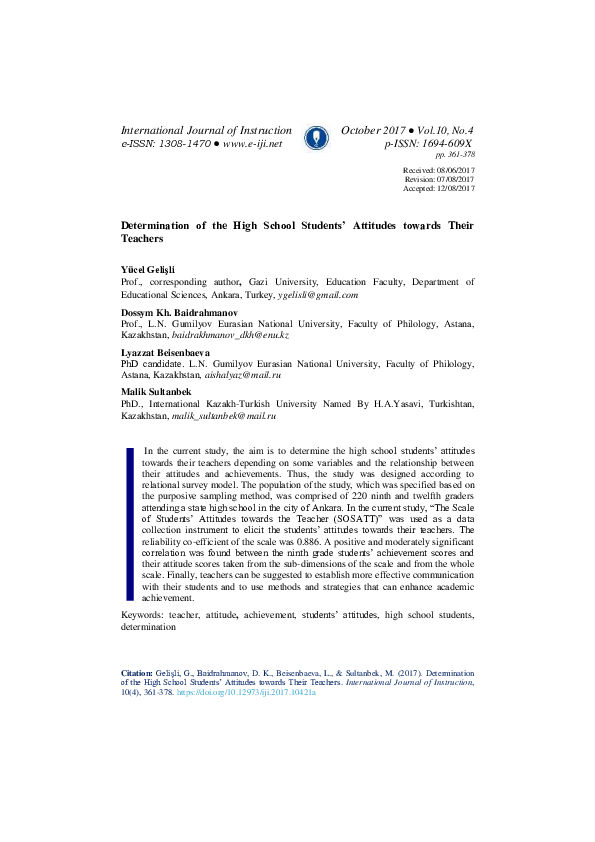 (PDF) Determination of the High School Students’ Attitudes towards ...