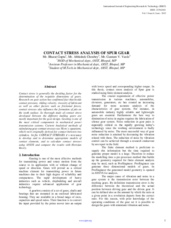 (PDF) Contact Stress Analysis Of Spur Gear Abhishek Choubey