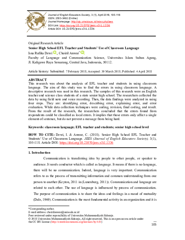 (PDF) Senior High School EFL Teacher and Students’ Use of Classroom ...