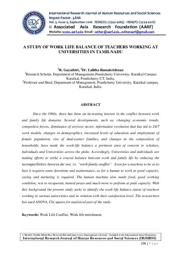 (PDF) A Study of Work Life Balance of Teachers Working at Universities ...