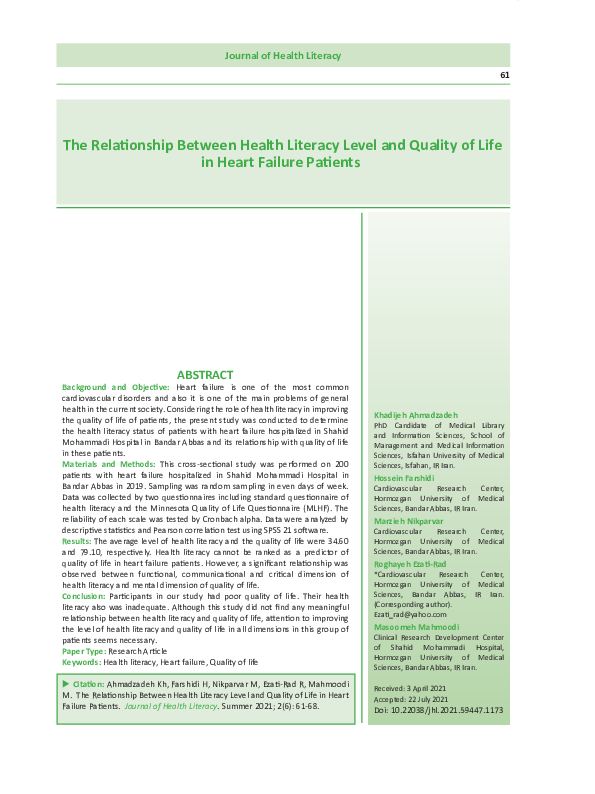 (PDF) The Relationship Between Health Literacy Level and Quality of ...