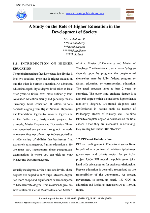 (PDF) A Study on the Role of Higher Education in the Development of Society