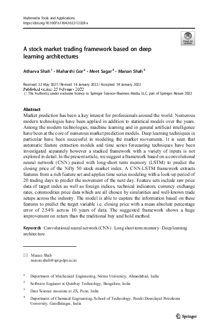 (PDF) A stock market trading framework based on deep learning architectures