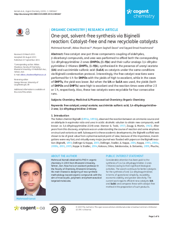(PDF) One-pot, solvent-free synthesis via Biginelli reaction: Catalyst ...