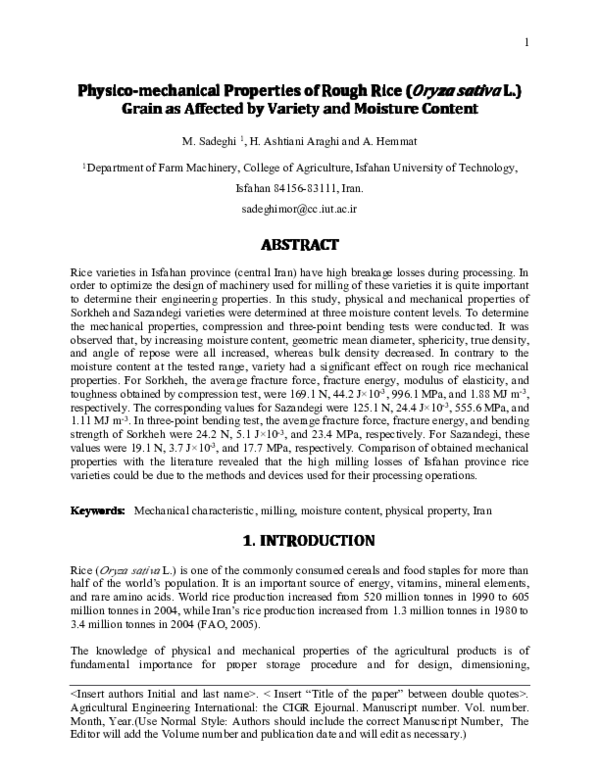 (PDF) Physico-mechanical properties of rough rice (Oryza sativa L ...