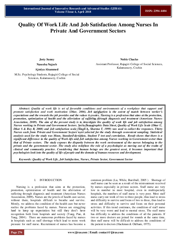 (PDF) Quality Of Work Life And Job Satisfaction Among Nurses In Private ...