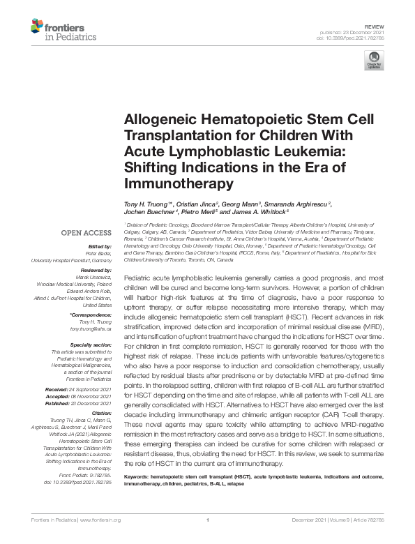 (PDF) Allogeneic Hematopoietic Stem Cell Transplantation for Children ...
