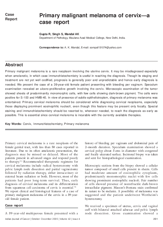 (PDF) Primary malignant melanoma of cervix: a case report