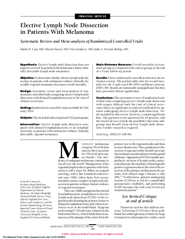 (PDF) Elective Lymph Node Dissection in Patients With Melanoma—Invited ...
